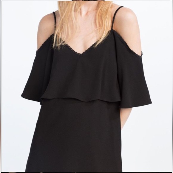 Zara Trafaluc Collection Black Cold Shoulder Draped Dress Size Small - Picture 3 of 7
